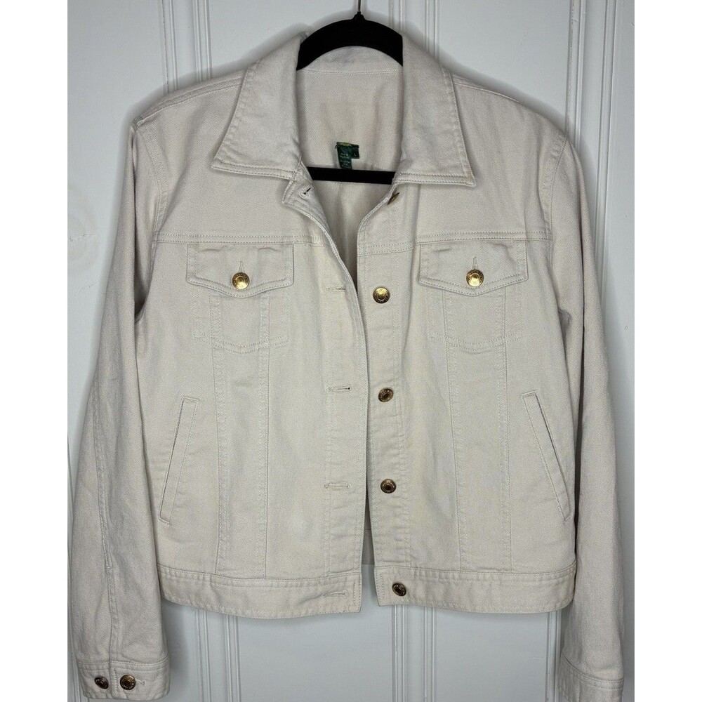 Lauren Jeans Co Beige Denim Jean Jacket Sz L Elevated Capsule Layer Gold Buttons